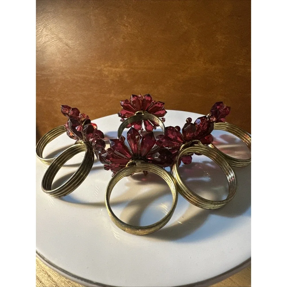 HANDMADE Reddish, Purple Jeweled & BEADED NAPKIN RINGS  SET of 6 gorgeous